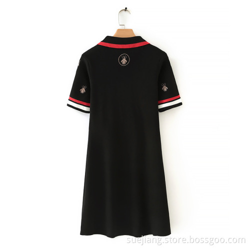 New Bee Pattern Embroidered Short Sleeve Knitted Lapel